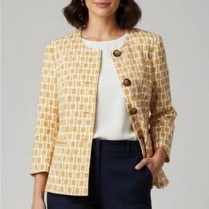 Kasper Blazer for Women Size 12 Yellow/White Geometric Print 3/4 Sleeve